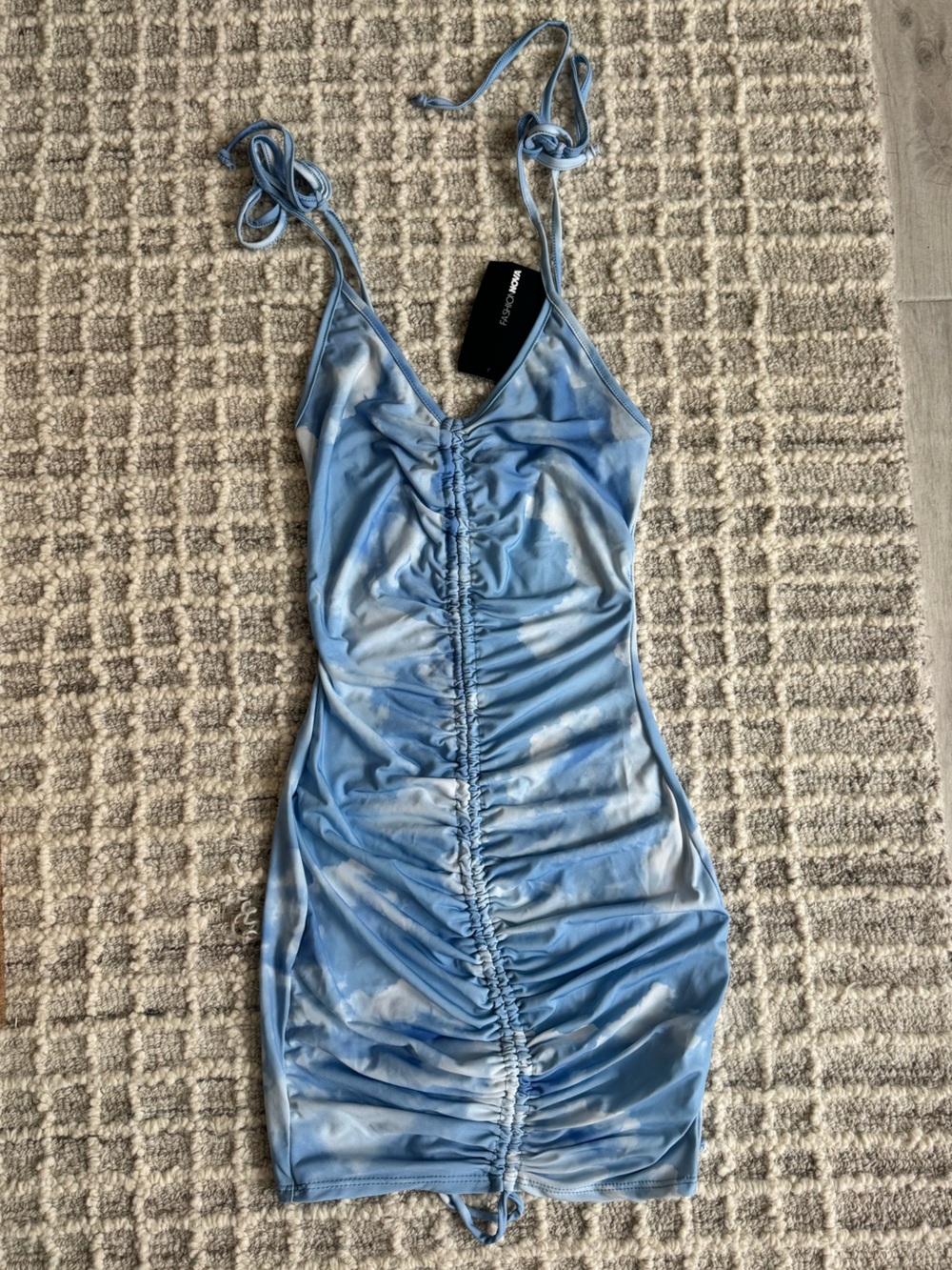 Fashion Nova Blue Tie-Dye Ruched Mini Dress